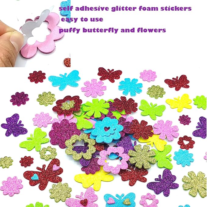 180PCS Glitter Foam Flower Stickers, Spring Theme Puffy Shapes |