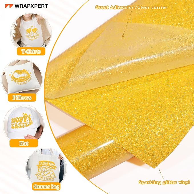 WRAPXPERT Yellow Glitter HTV Heat Transfer Vinyl Roll, Holographic Glitter HTV