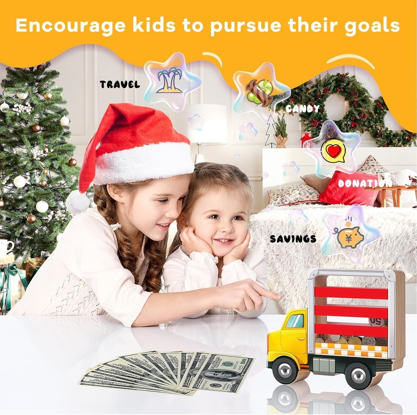 Wooden Piggy Bank for Kids, Truck Piggy Bank with Acrylic Panels, Unbreakable Toddler Money Box for Boys and Girls, DIY Kids Safe Coin Box with Letter Sticker, Birthday Gift