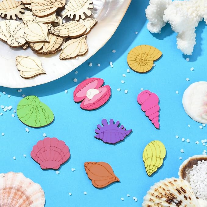 200 pcs Mixed Styles Sea Shell Theme Unfinished Wooden Cutout Charms Conch