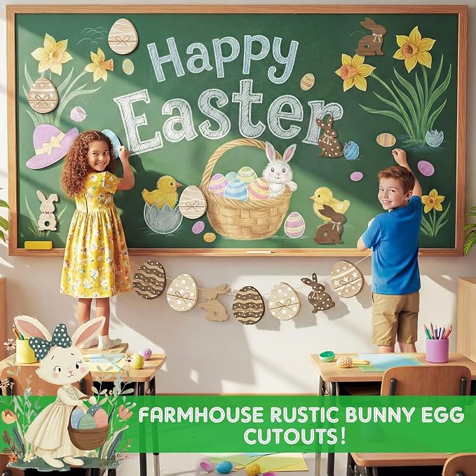 Funrous 80 Pcs Easter Paper Cutouts Farmhouse Rustic Bunny Egg Cutouts Easter