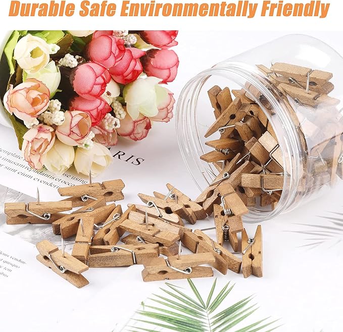 50 PCS Push Pin with Wooden Clips, Durable Wooden Push Pins, Decorative
