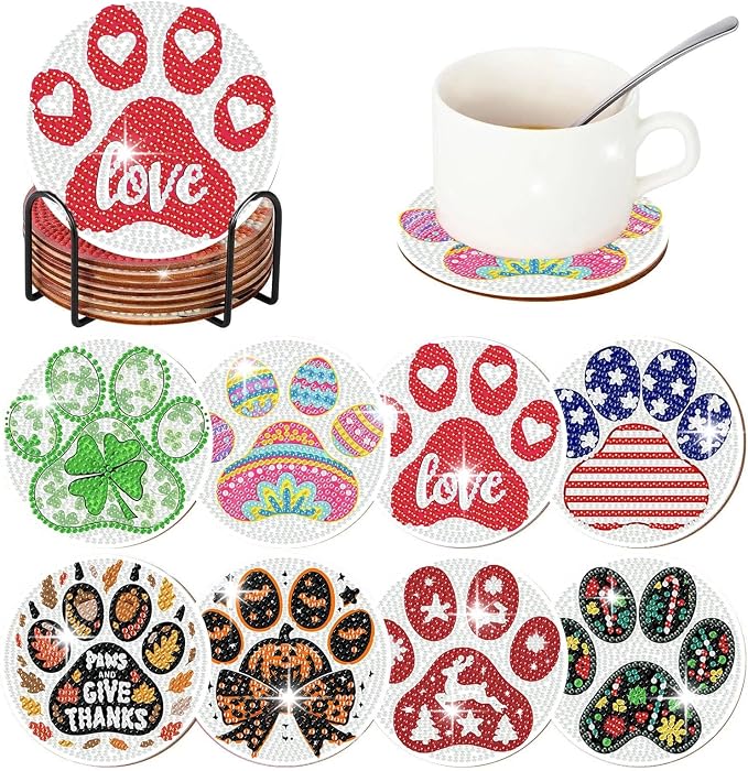 8 PCS Diamond Art Coasters Kit, Cute Paw-Shaped Diamond Painting Coasters