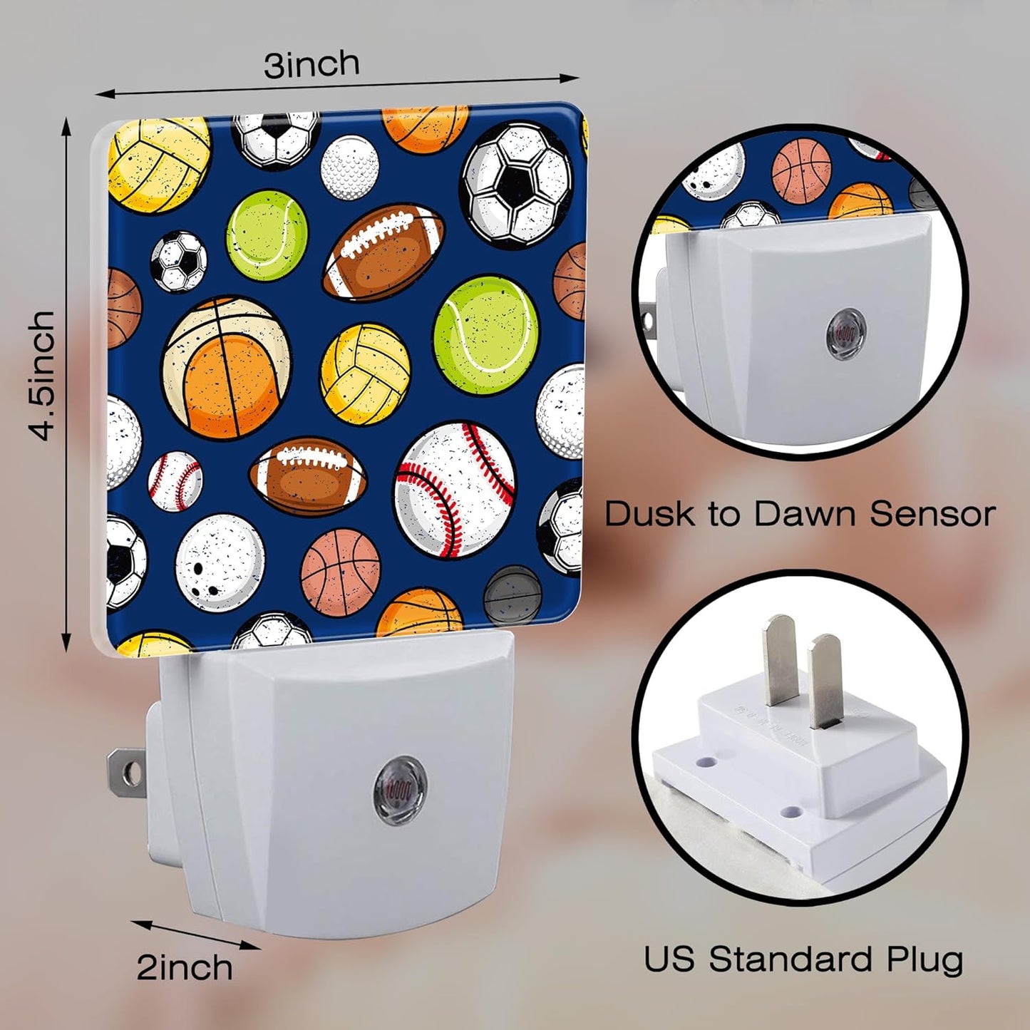 Retro Sports Balls Night Light, Colorful Balls Dusk to Dawn Night Light Plug in,0.5w Energy Saving Sleep Friendly NightLight for Kids Boys Girls Home Bedroom Living Room Kitchen Decor