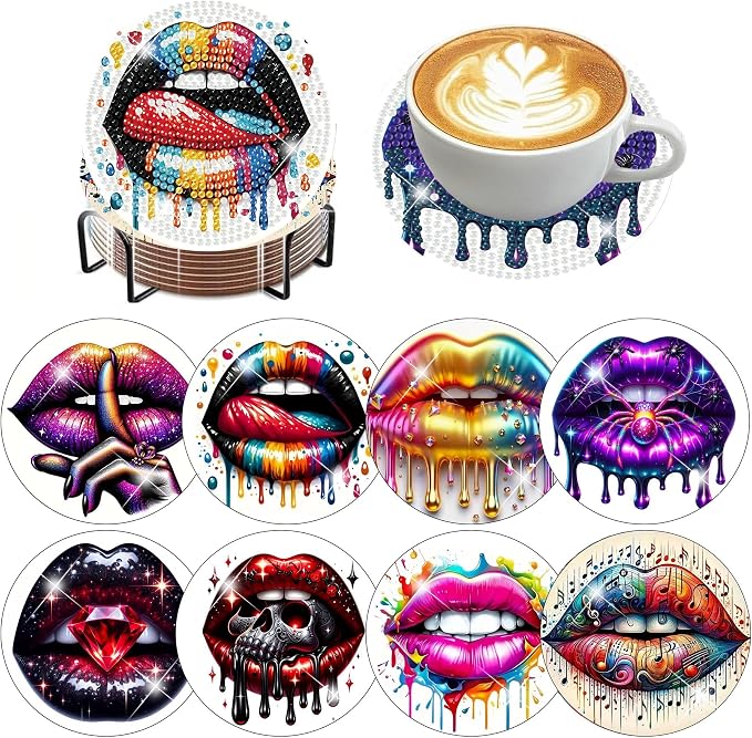 8 Pack Diamond Art Coasters, Sexy lips Diamond Painting Coasters Kits | Lips