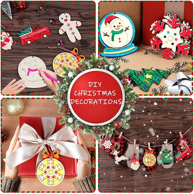 GUDELAK 60PCS DIY Wooden Christmas Ornaments, 12 Styles Christmas Crafts