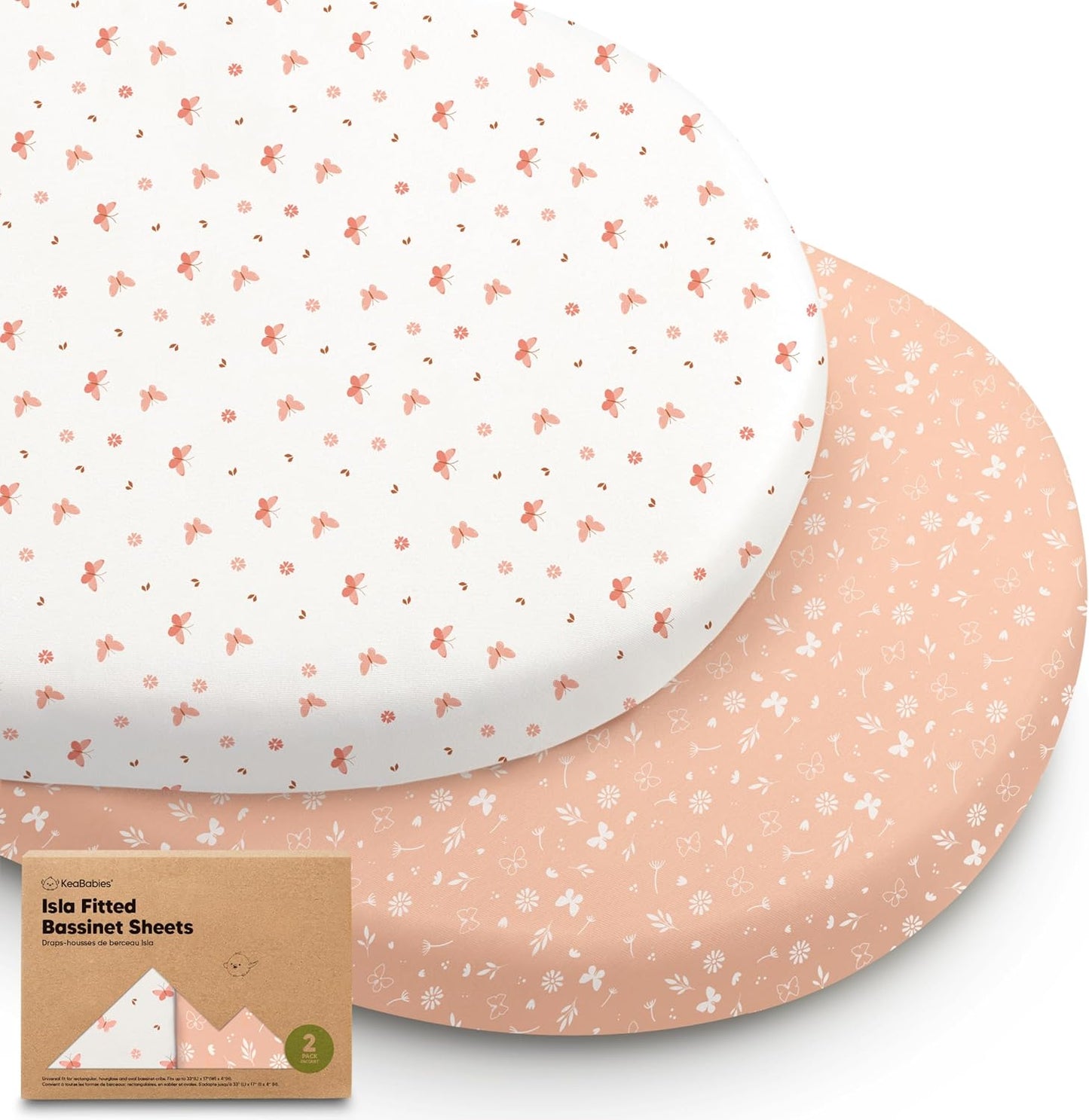 2-Pack Baby Bassinet Sheets Girl, Boy - 33x17 Viscose Derived from Bamboo Bedside Mattress Fitted Bassinet Sheets, Compatible with Halo Bassinest Swivel Sleeper, Baby Delight, Graco(Butterflies)