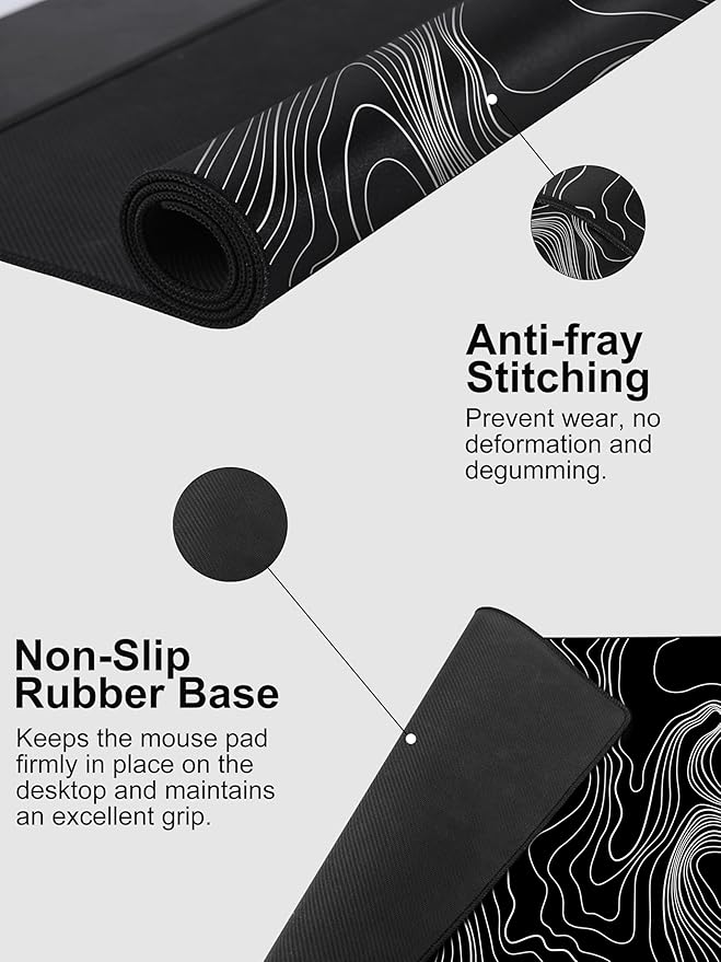 TopMade Mouse Pad with 15W Fast Wireless Charging, 31.5"x15.75" XXL Large Gaming Waterproof Desk Pad with Ultra-Smooth Surface, Non-Slip Base, Computer Desk Mat, Black Topographic Map #2