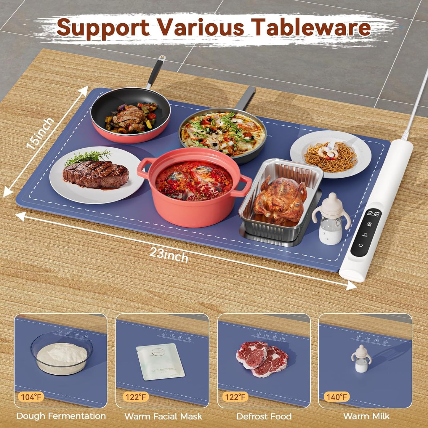 Graphene Warming Mat for Food - Fast Full Surface Heating Electric Warming Tray, Portable Food Warmer for Parties Buffet with 6 Temperature and Timer Settings, Blue