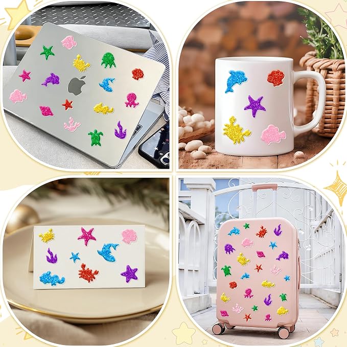 Foam Stickers, 7 Sheets 3D Glitter Foam Ocean Stickers, Self-Adhesive EVA Foam