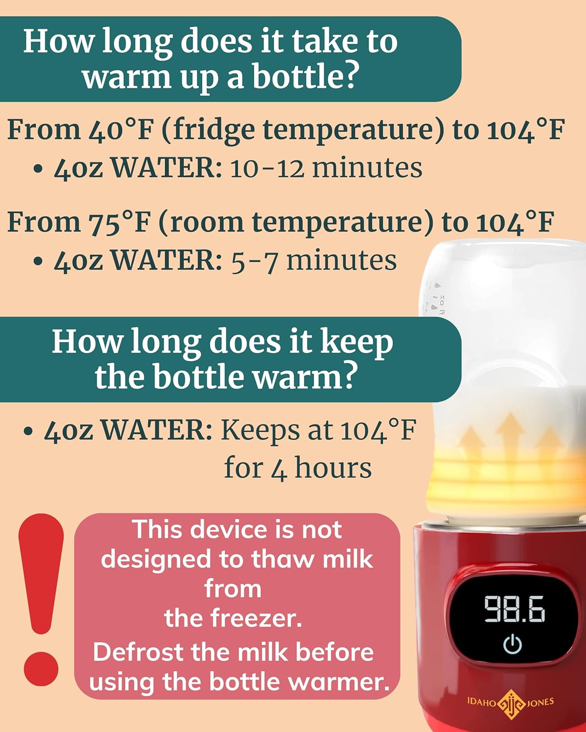 IDAHO JONES Portable Bottle Warmer - On The Go & for Travel - Baby Bottle, Breastmilk & Formula - Battery Powered & Operated, Cordless - Fits Dr Brown, Comotomo & Others