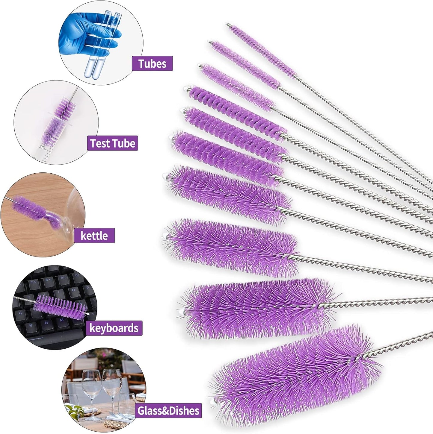 CiaraQ Bottle Cleaning Brushes, 8 Inch Nylon Tube Brush Set, Cleaner for Narrow Neck Bottles Cups with Hook, Set of 10pcs.