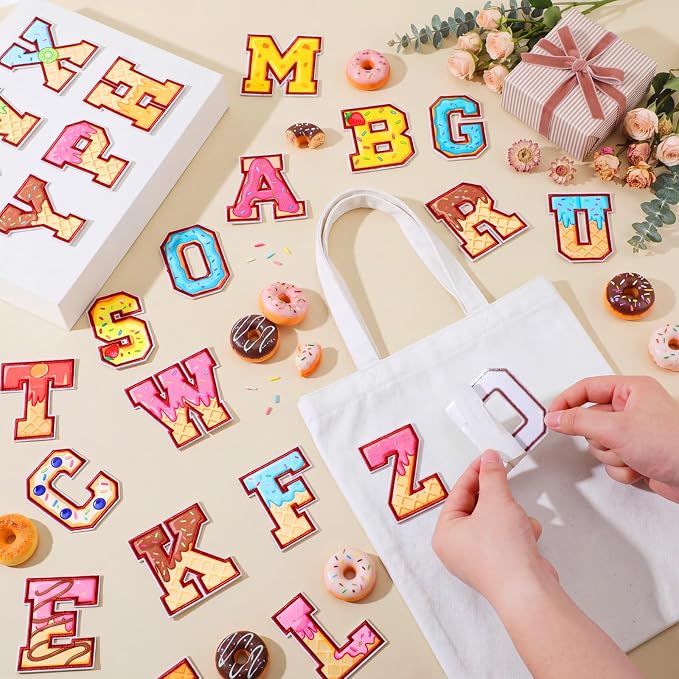 WILLBOND 52 Pcs Donut Alphabet Patches 2.8 Inch Self Adhesive Letter Patches