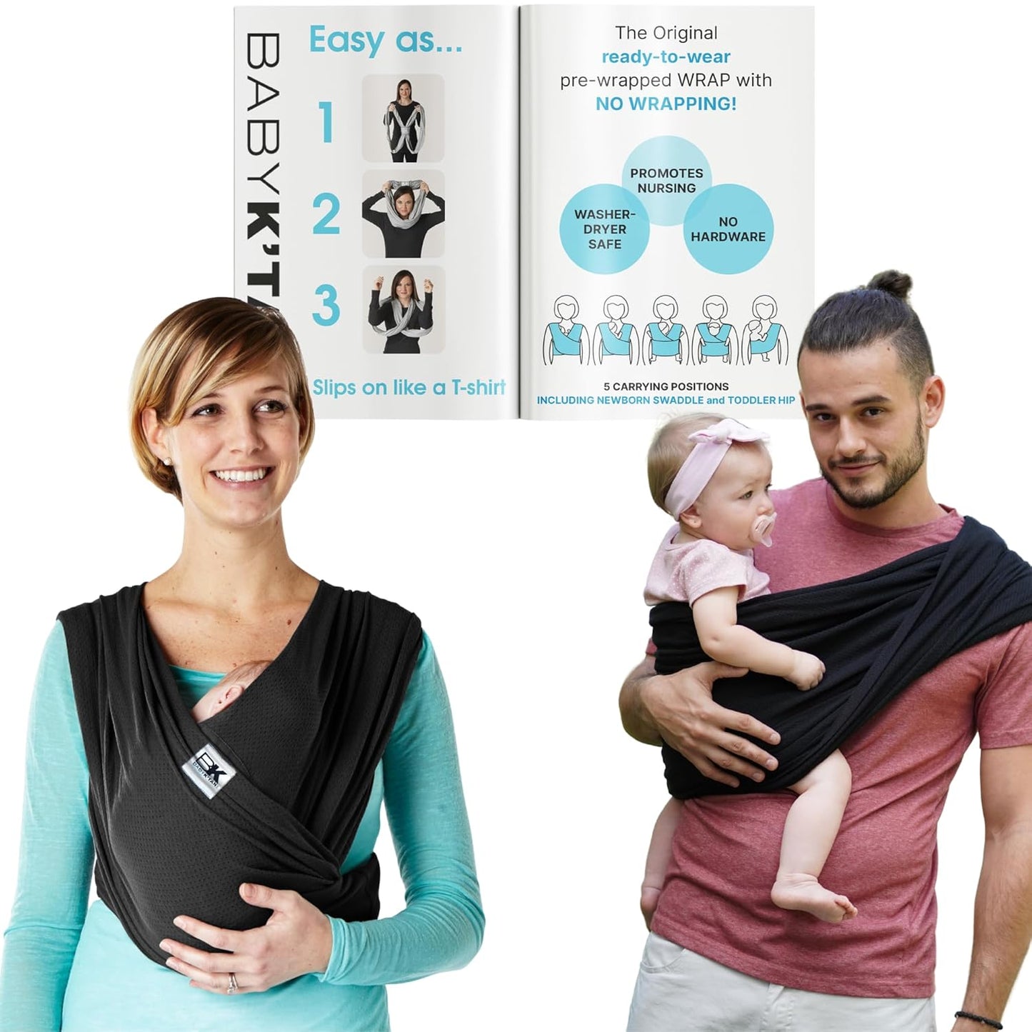 Breeze Baby K'tan Baby Carrier, #1 Easy Pre-Wrapped Baby Sling Gift | Breathable 100% Cotton Mesh | Hands Free Wrap for Infants | No Rings Or Buckles | Black | Small