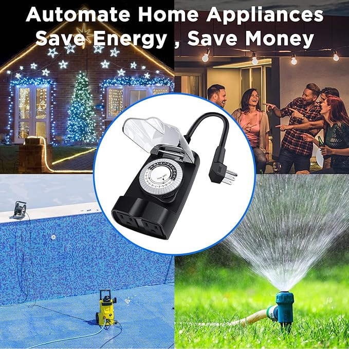 G-ELEK Outdoor Timer Outlet Waterproof, 24 Hour Outdoor Light Timer, Timers for Electrical Outlets, Ideal for Pool Pump, Christmas Lights, Heavy Duty, 2 Grounded Outlets, ETL Listed, 2 Pack