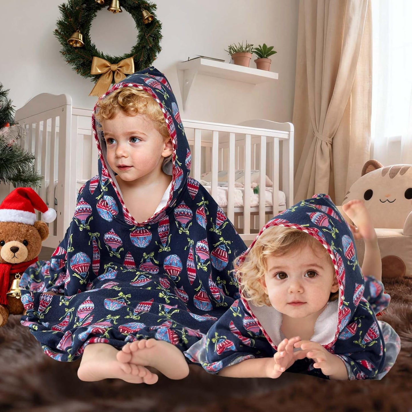 VOOVA & MOVAS Hooded Towel Poncho for Baby with Ruffle Trim | Soft 100% Cotton | Absorbent Thick Towel for Bath, Swim, Beach & Winter | Cozy, Christmas Lamp