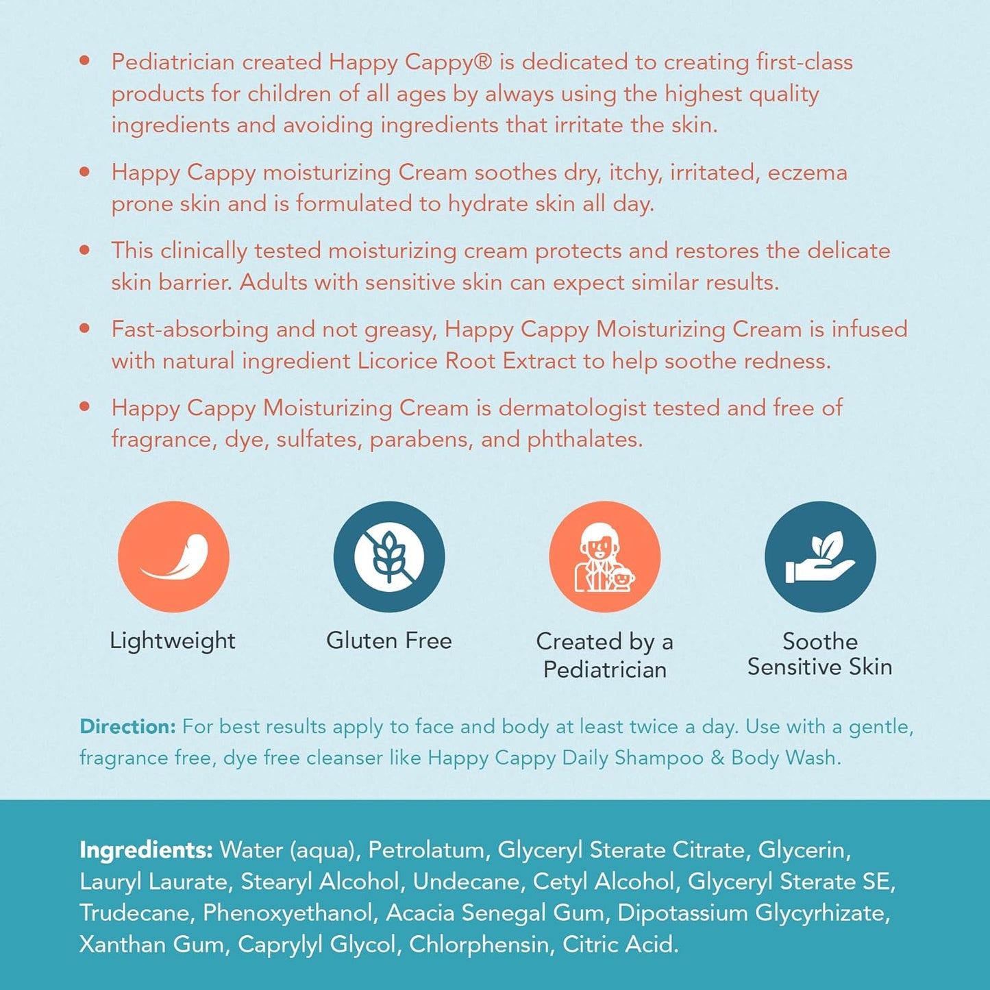 Happy Cappy Moisturizing Cream - Baby Cream for Eczema-Prone Skin, Lotion for Infants, Kids, Pediatrician-Formulated, Gentle, Paraben Free, Hypoallergenic, Sulfate Free, Soothes Dry Skin - 6 fl oz