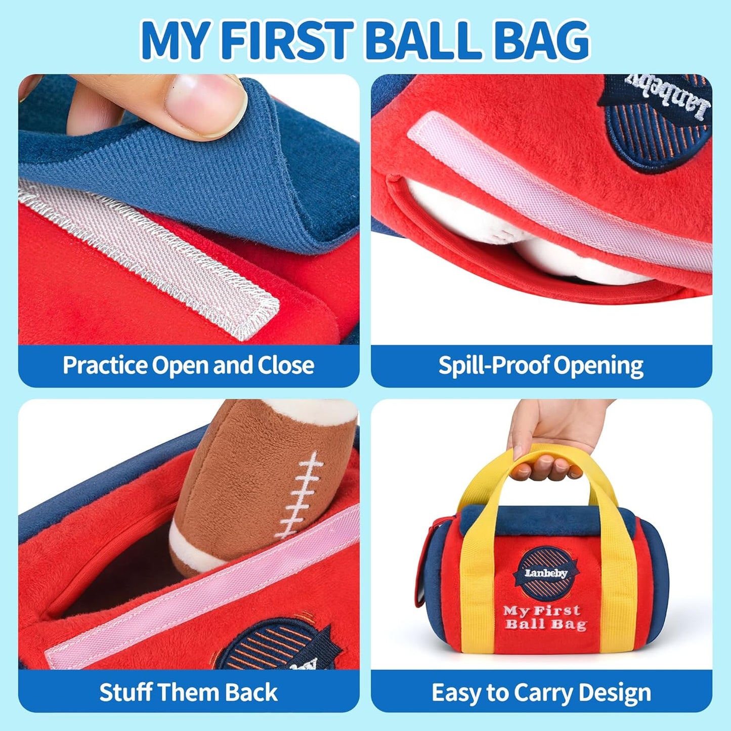 Baby Boy Toys 6-12 Months – My First Sports Bag Musical Infant Toys with 4 Sensory Balls – Basketball, Football, Baseball, Soccer – Rattle, Squeaker, Mirror for 3-6-9-12 Month Old Baby Christmas Gifts