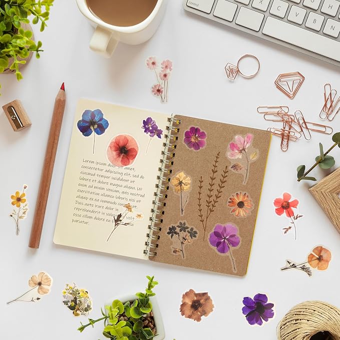 52Pcs Transparent Flora Scrapbook Stickers Pack, Colorful Wildflower Daisy Rose