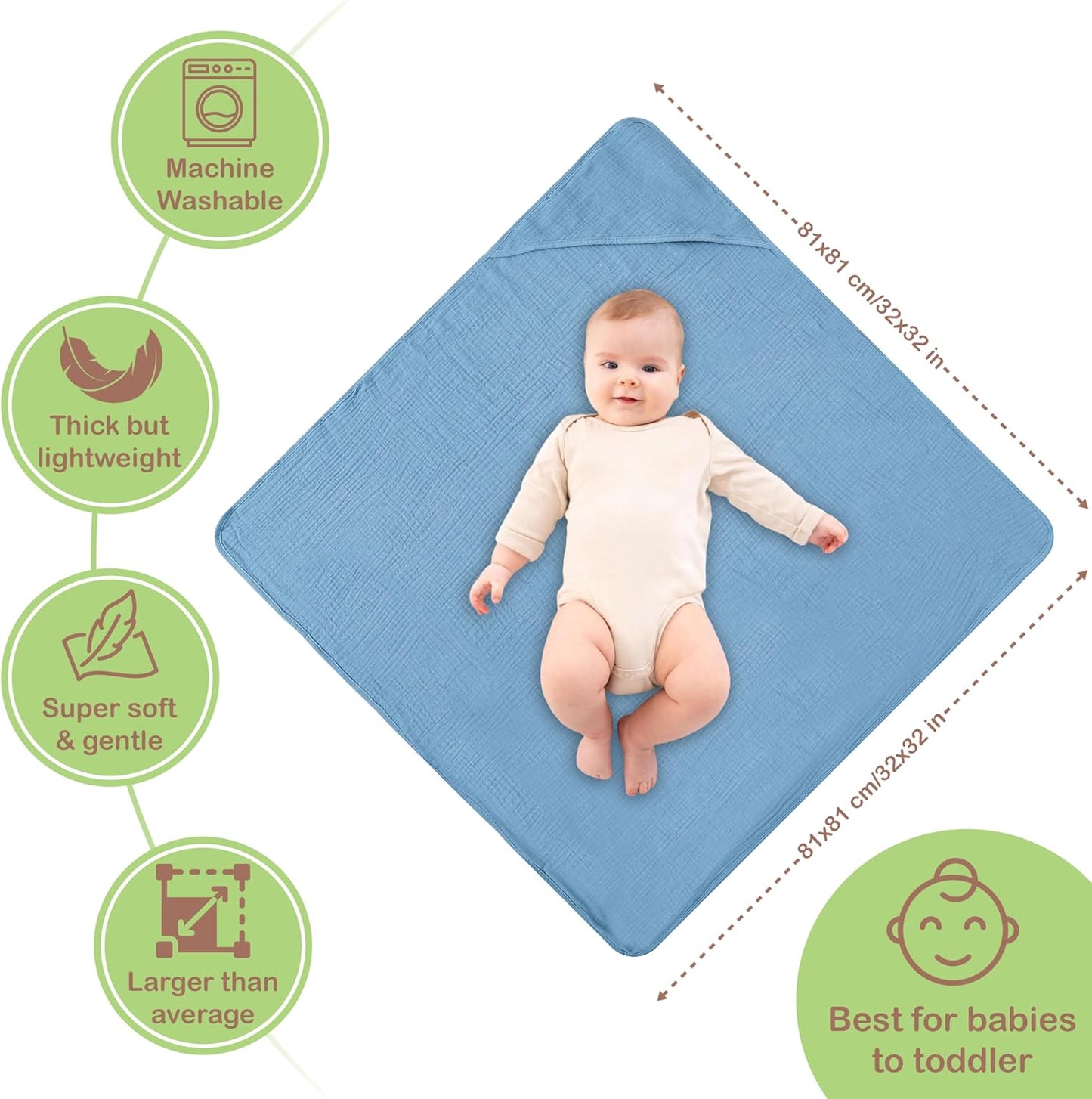 Organic Cotton Muslin Baby Hooded Towels - 32x32 Inch, 2 Pack Newborn Bath Towels for Boys & Girls, Soft & Absorbent Bath Set (Deep Blue/Aquarius)