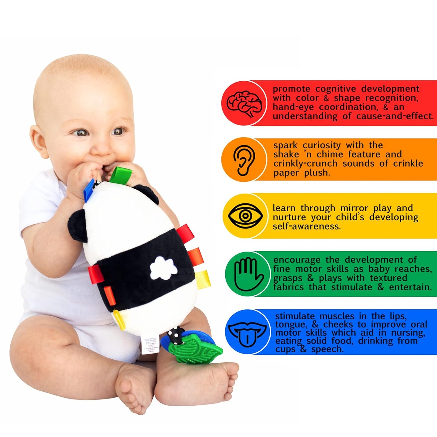 Squish 'N Play Activity Toy Panda- Multi-Sensory Learning Baby Toy - Stroller Toy, Car Seat Toy, Tummy Time Toy, Teether Toy, Baby Gift - with Mirror, Rattle & Taggies