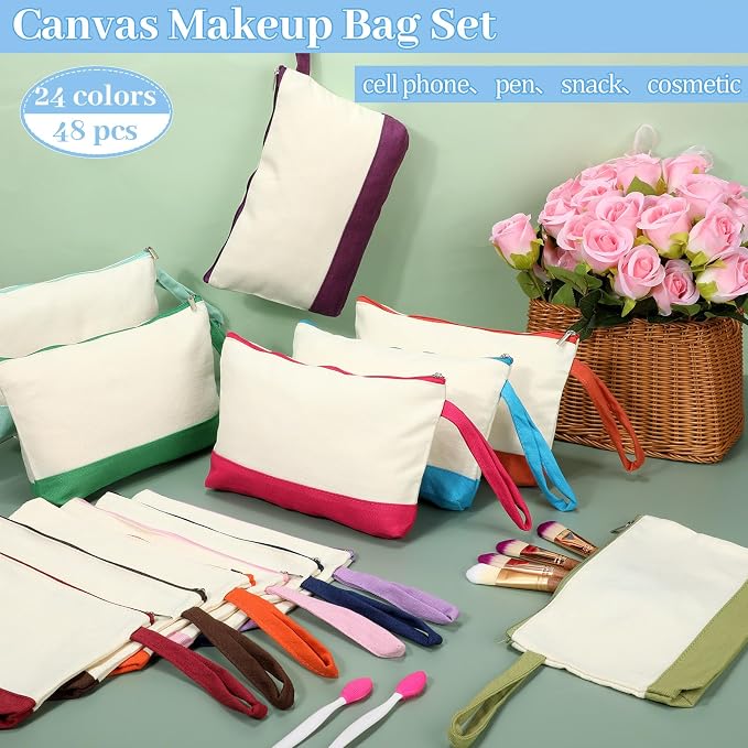 Silkfly 48 Pcs Cotton Canvas Makeup Bags Cosmetic Zipper Bags 10.2 x 5.5 x 2''