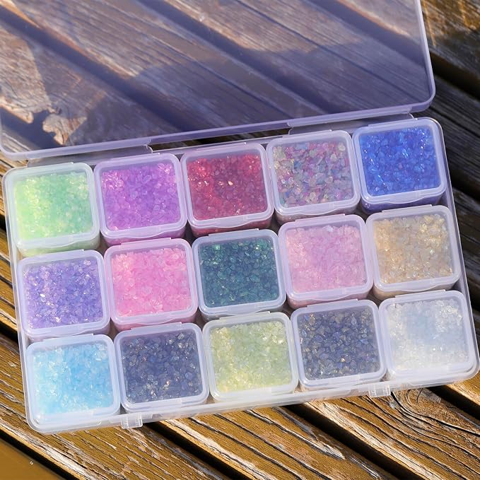 15 Colors Transparent Crushed Glass Chips 225g/7.9oz, 2-4mm Shiny Irregular
