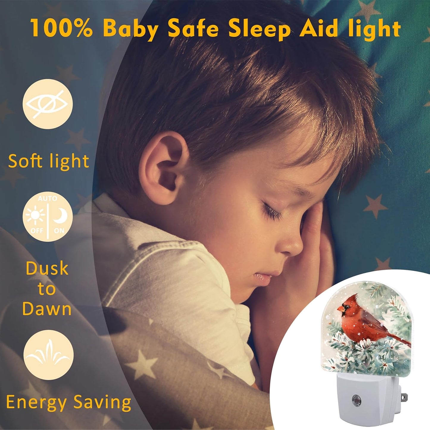 Winter Cardinal Pine Tree Night Light, Christmas Snow Red Cardinal Dusk to Dawn Night Light Plug in,0.5w Energy Saving Sleep Friendly NightLight for Kids Boys Girls Home Decor
