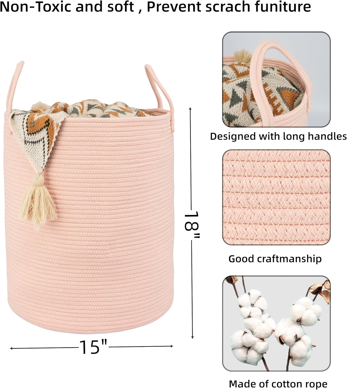 Cotton Rope Laundry Basket Hamper for Clothes Woven Storage Basket for Living Room Bedroom Boho Tall Rope Baskets for Blanket Toys Pillow Towels Baby Nursery Hamper Bin coral pink