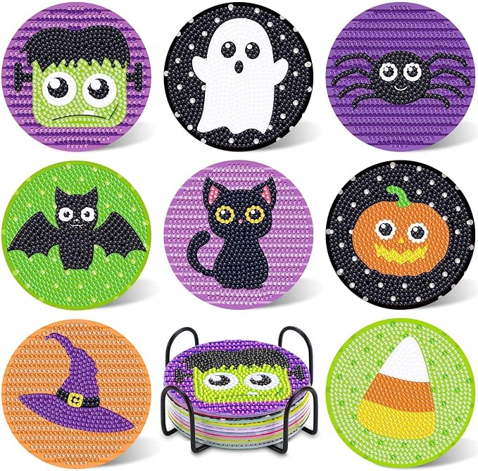 UPINS 8Pcs Halloween Diamond Art Painting Coasters Kits