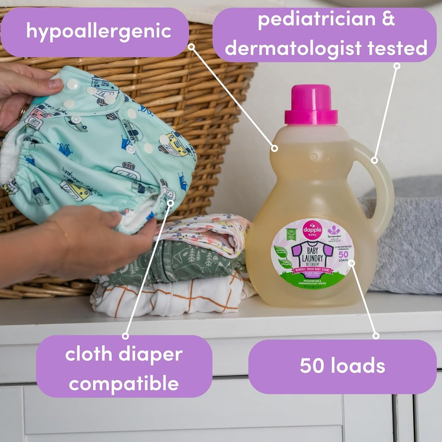 Dapple Baby Laundry Detergent, Powered by Plants, Concentrated, Hypoallergenic, Lavender, Stain Remover, 50 Fl Oz (2 Pack)
