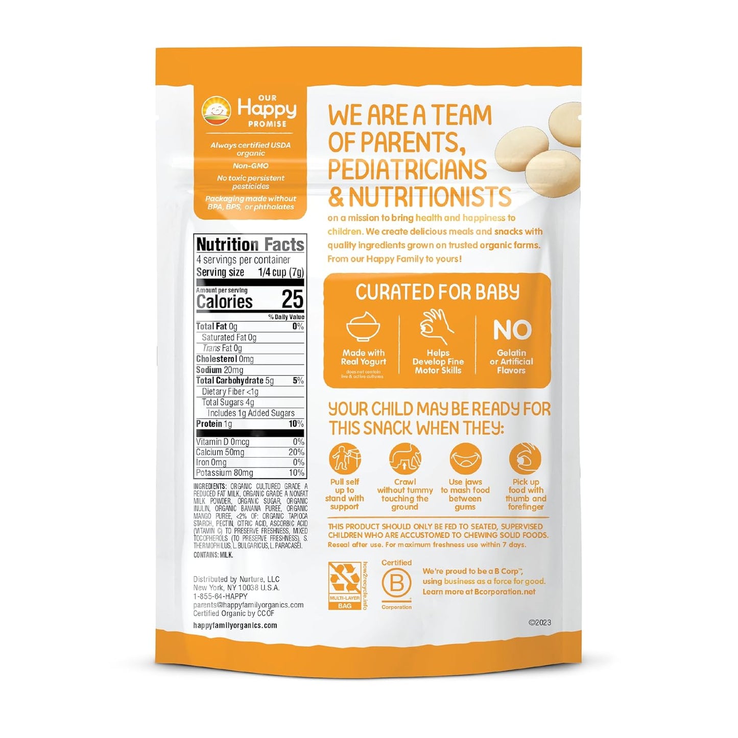 Happy Baby Organics Yogis Freeze-Dried Yogurt & Fruit Snacks, Banana & Mango, 1 Ounce Bag (Pack of 8) packaging may vary