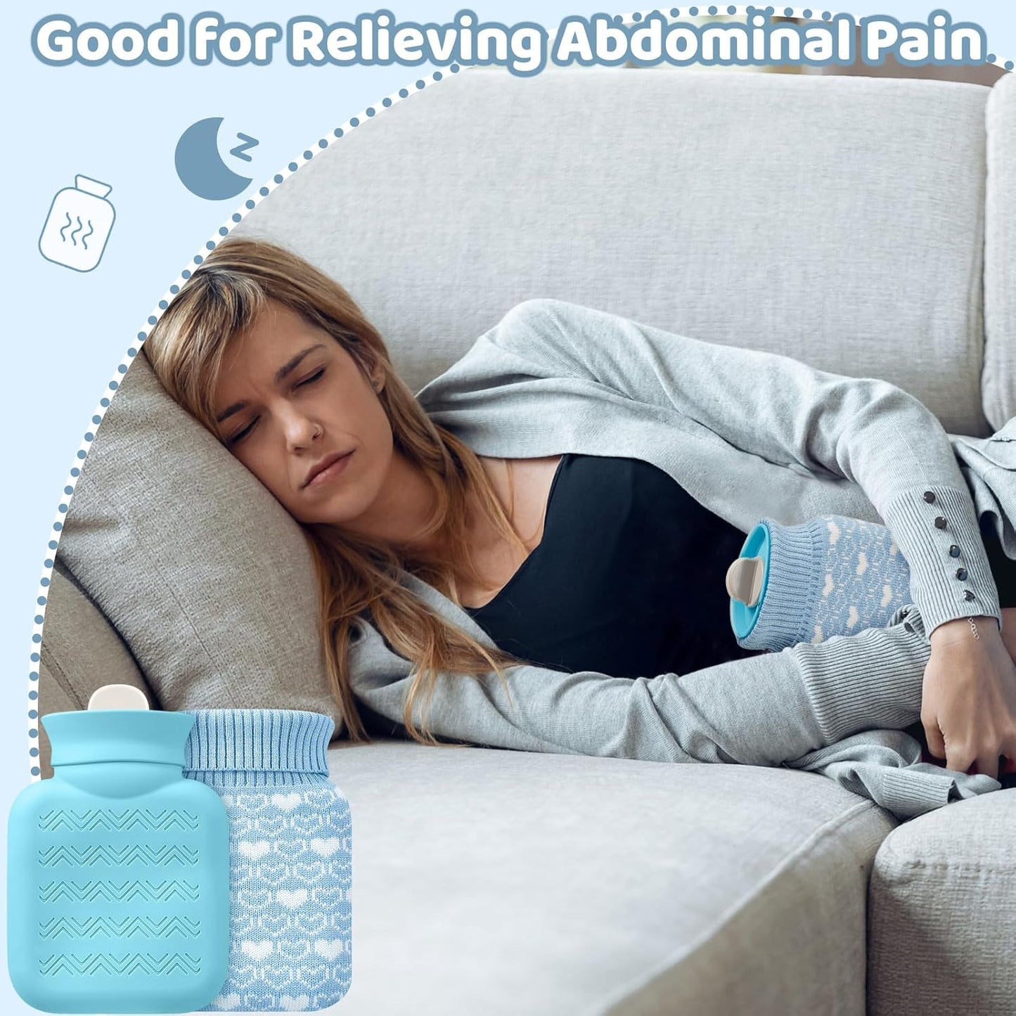 Amylove Mini Hot Water Bottle 320ml for Hot & Cold Compress with Cover Silicone Microwave Heating Small Water Bag for Travel Pain Relief Holiday Gifts(Blue)