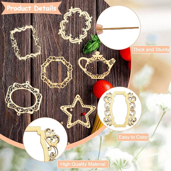 18 pcs 9 Styles Hollow Pyrography Theme Unfinished Blank Wood Cutout Charms