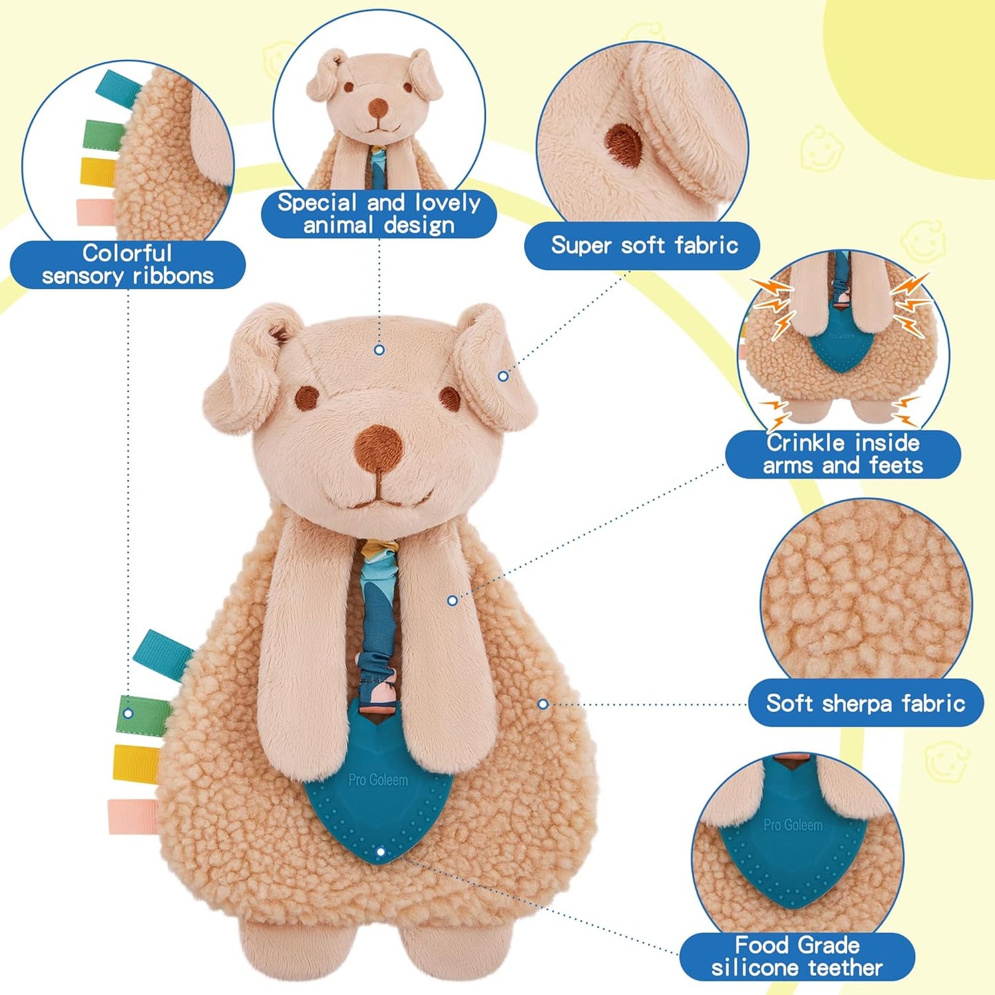 Pro Goleem Dog Loveys for Babies Girl and Boy, Baby Lovey with Teether, Baby Toys 0 3 6 9 12 Months, Safety Teething Toys for Babies Infant Newborn and Toddler Baby Gifts