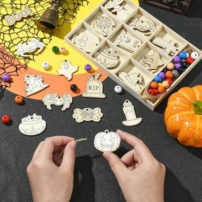 54 pcs Mixed Styles Halloween Theme Unfinished Wood Cutout Charms Cross Spider