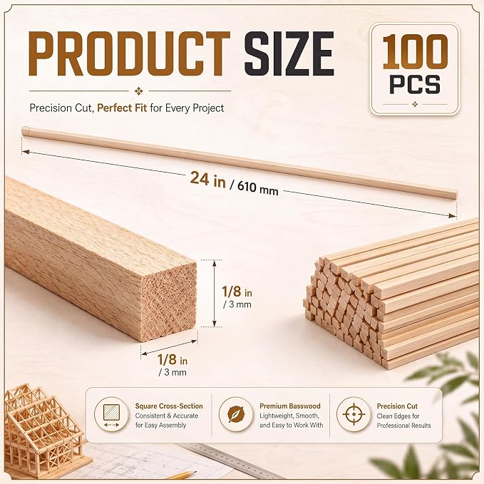 100pcs Basswood Strips 1/8 x 1/8 x 24 Inch Balsa Wood Strips Natural Wood