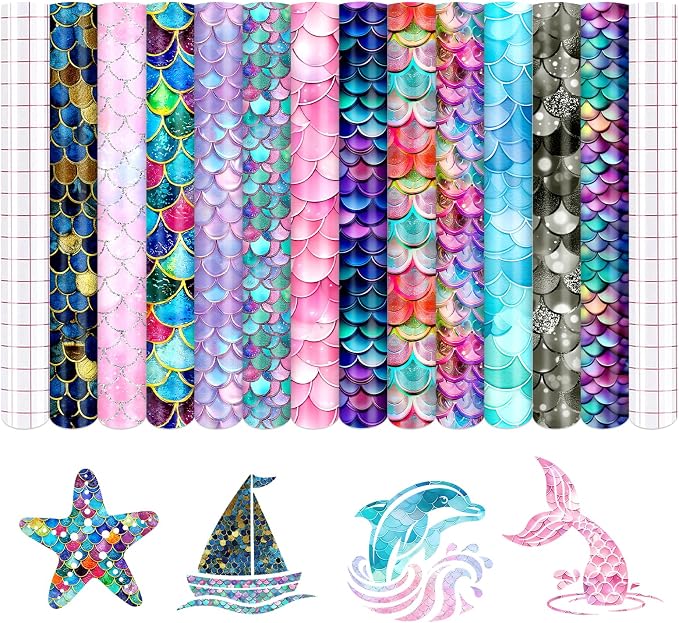 Fish Scale Patterned Permanent Adhesive Vinyl 12 Sheets 12'' x 10'' | Mermaid