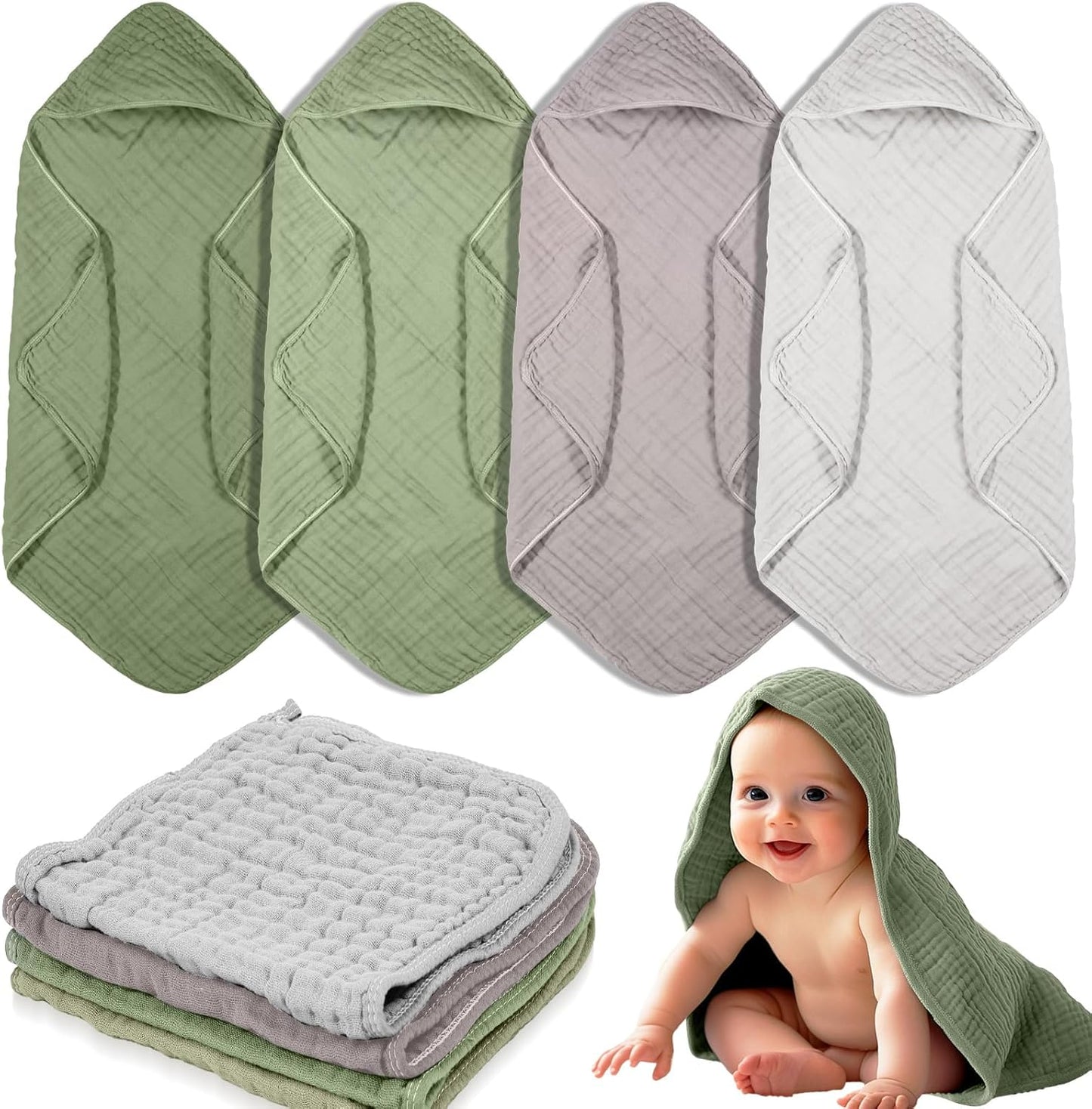 VitalCozy 8 Pcs Baby Muslin Hooded Bath Towels and Washcloths, 32 x 32 Inch Muslin Hooded Baby Towels Absorbent Blankets for Gift Newborn Infant Shower (Morandi Color)