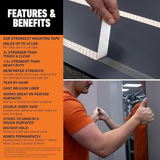 Gorilla Max Strength Mounting Tape, Reinforced Mesh Backing, Holds up to 45 lbs
