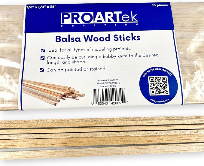 Proartek PK00028 Model BWS001X015 Balsa Wood Strips, 1/8" x 1/4" x 36"