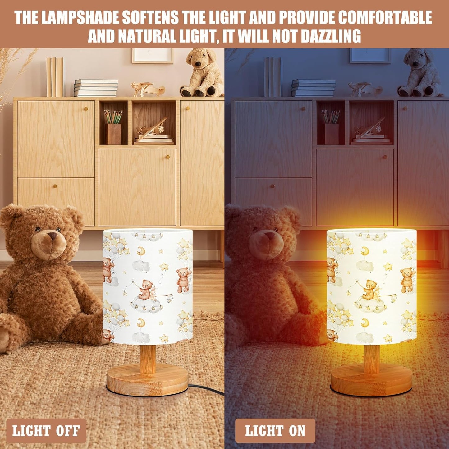 VIHOSE Bear Kids Table Lamp for Bedroom Kids Bedside Lamp with Linen Wooden Nightstand Cartoon Nursery Lampshade for Girls Boys Living Room
