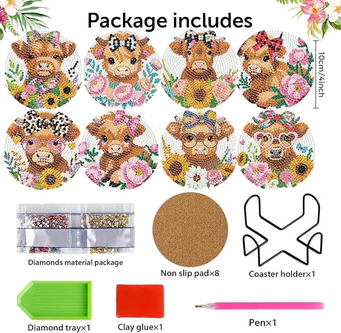 8 Pack Diamond Art Coasters, Highland Cow Diamond Painting Coasters Kits | Cow