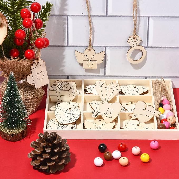 54 pcs Mixed Styles Wedding Theme Unfinished Wooden Cutout Charms Ring Heart