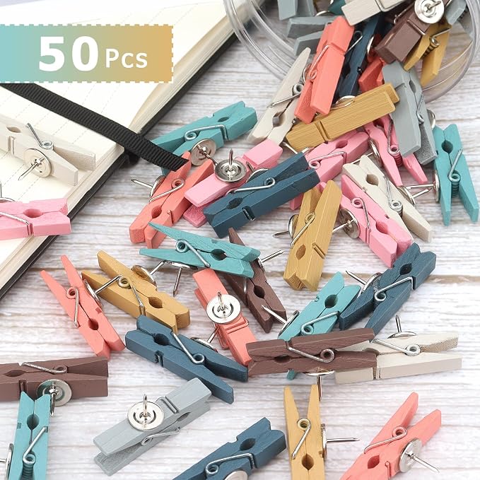 50 PCS Wooden Clips Push Pins Tacks