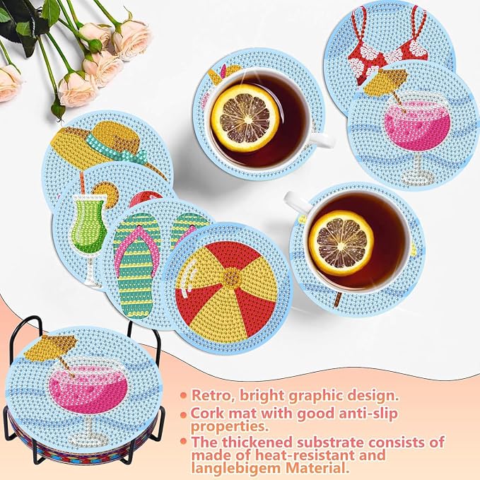 Benjenes 8PCS Summer Diamond Art Coasters Kit
