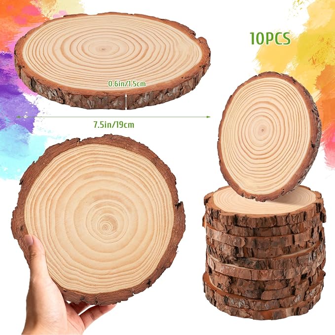 FSWCCK 10 Pack Nature Unfinished Round Wood Slices, 7-7.8 Inches Wooden Circle