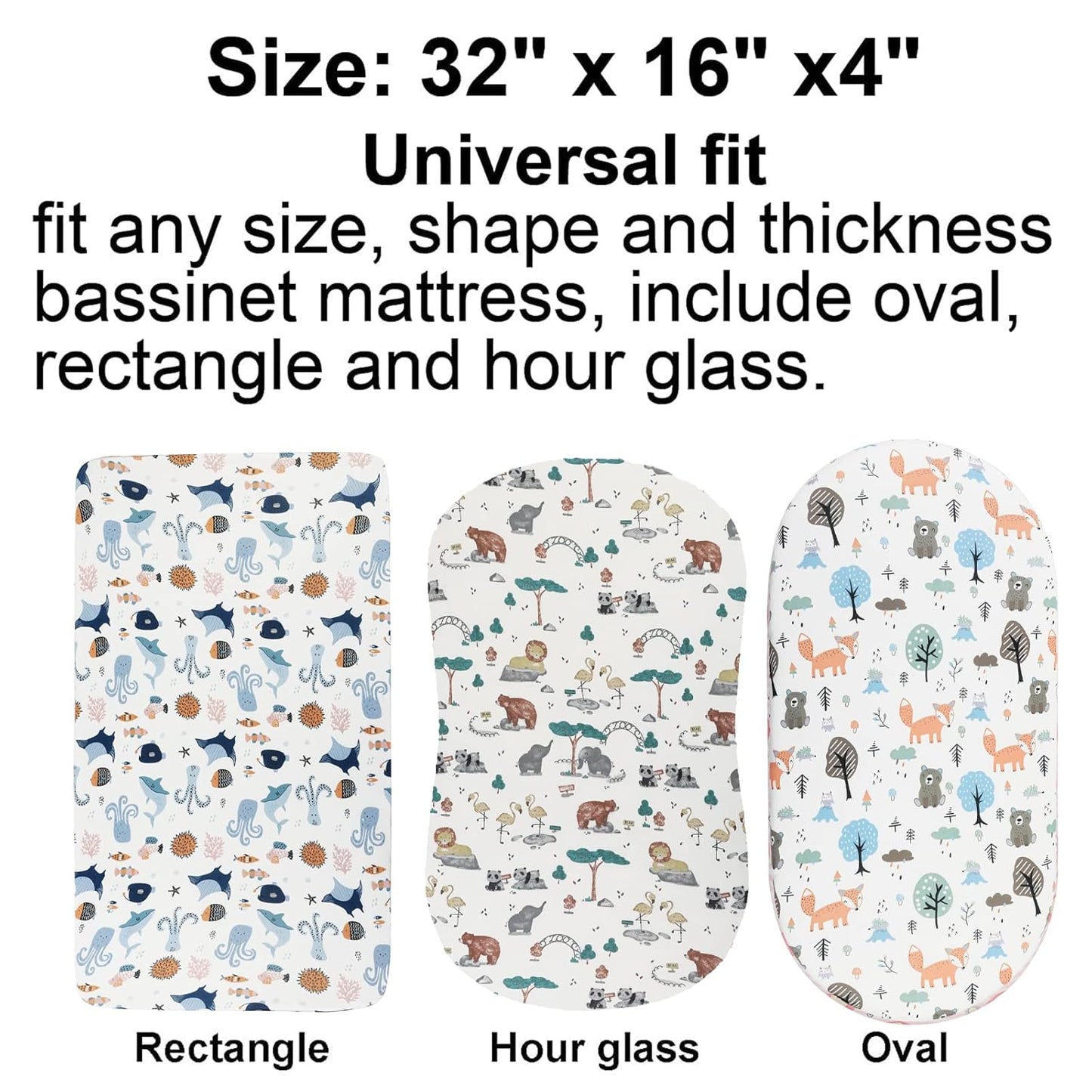 Onacosht Bassinet Sheets for Baby Boy and Girl, Stretchy Fitted Sheet Universal for Bassinet Cradle Hourglass Oval Rectangle Pad/Mattress, 4 Pack Undersea Fish, Animal and Dinosaur Printing
