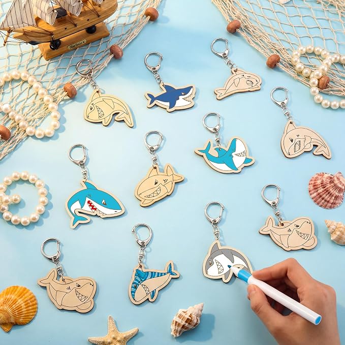 RattanView 24 Pcs Summer Shark Crafts Color Your Own Keychains DIY Craft Wooden