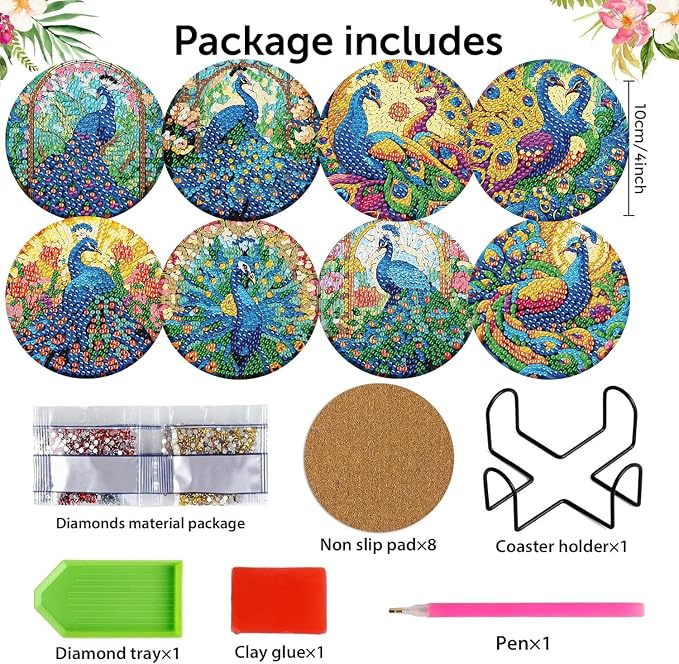 8 Pack Diamond Art Coasters, Peacock animals Diamond Painting Coasters Kits |